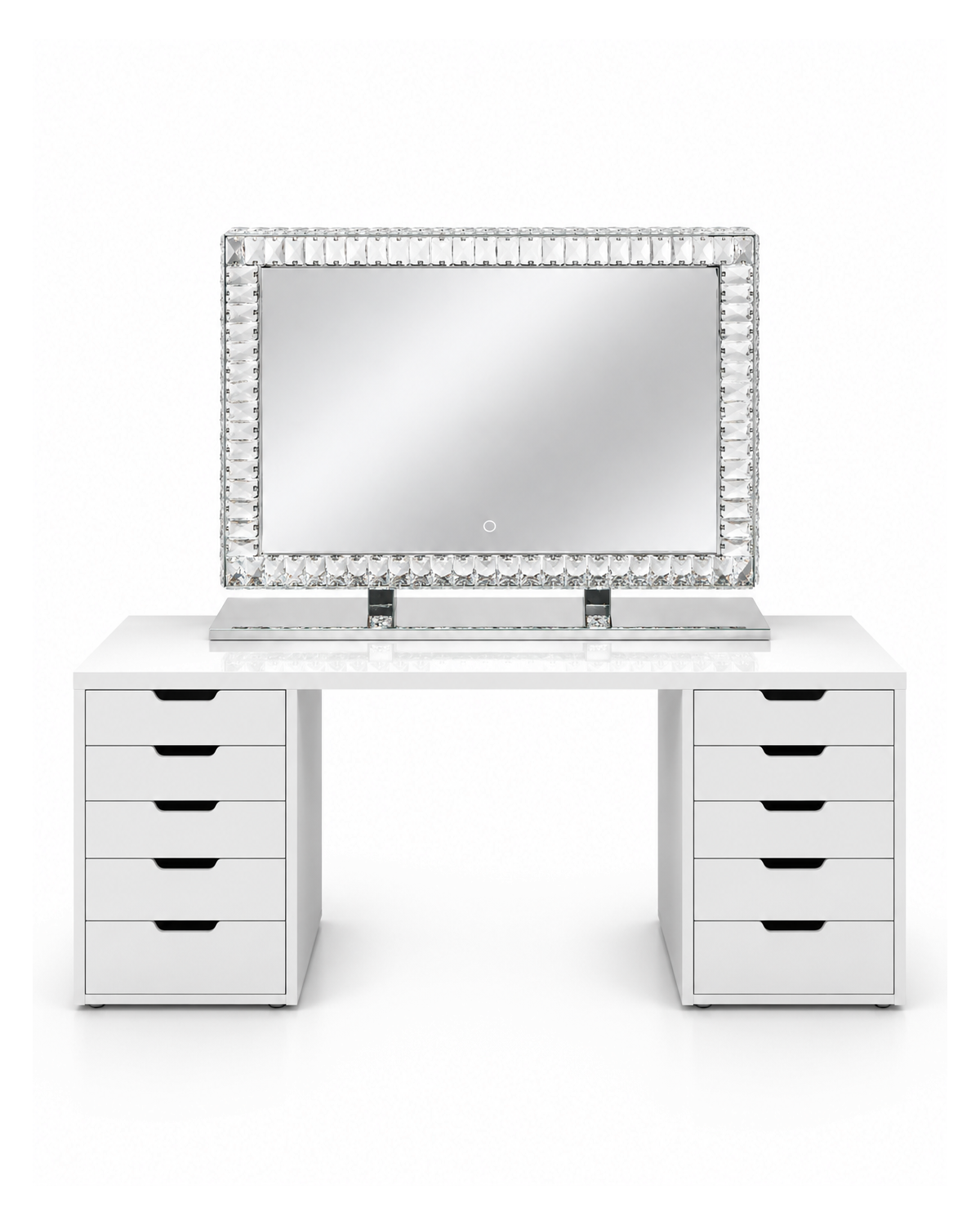 Coiffeuse Classy-Chic blanche, miroir Crystal et 10 tiroirs, vue de face