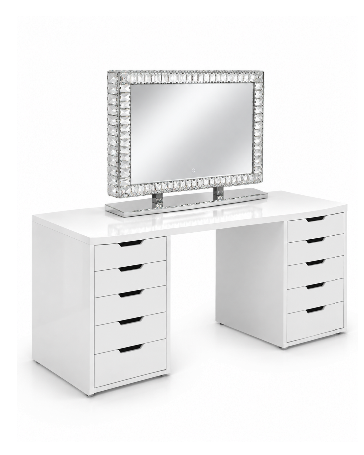 Coiffeuse Classy-Chic blanche vue de trois quarts, miroir Crystal