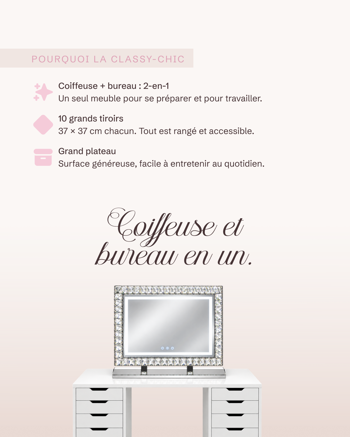 Coiffeuse Classy-Chic : coiffeuse et bureau 2-en-1, 10 grands tiroirs, grand plateau