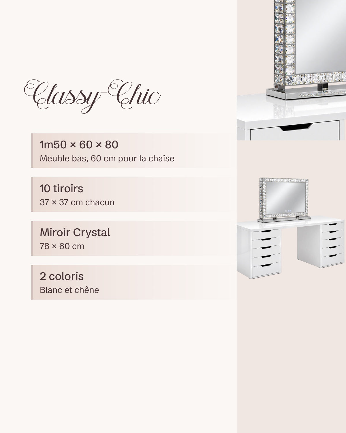 Coiffeuse Classy-Chic : 1m50 × 60 × 80, 10 tiroirs de 37 × 37 cm, miroir Crystal 78 × 60 cm