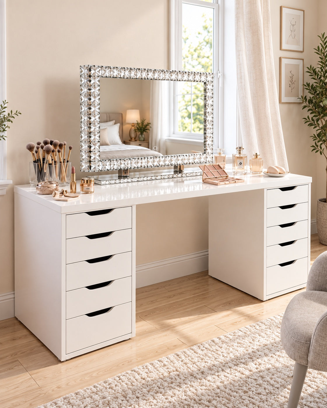 Coiffeuse Classy-Chic blanche installée dans une chambre, miroir Crystal et 10 tiroirs