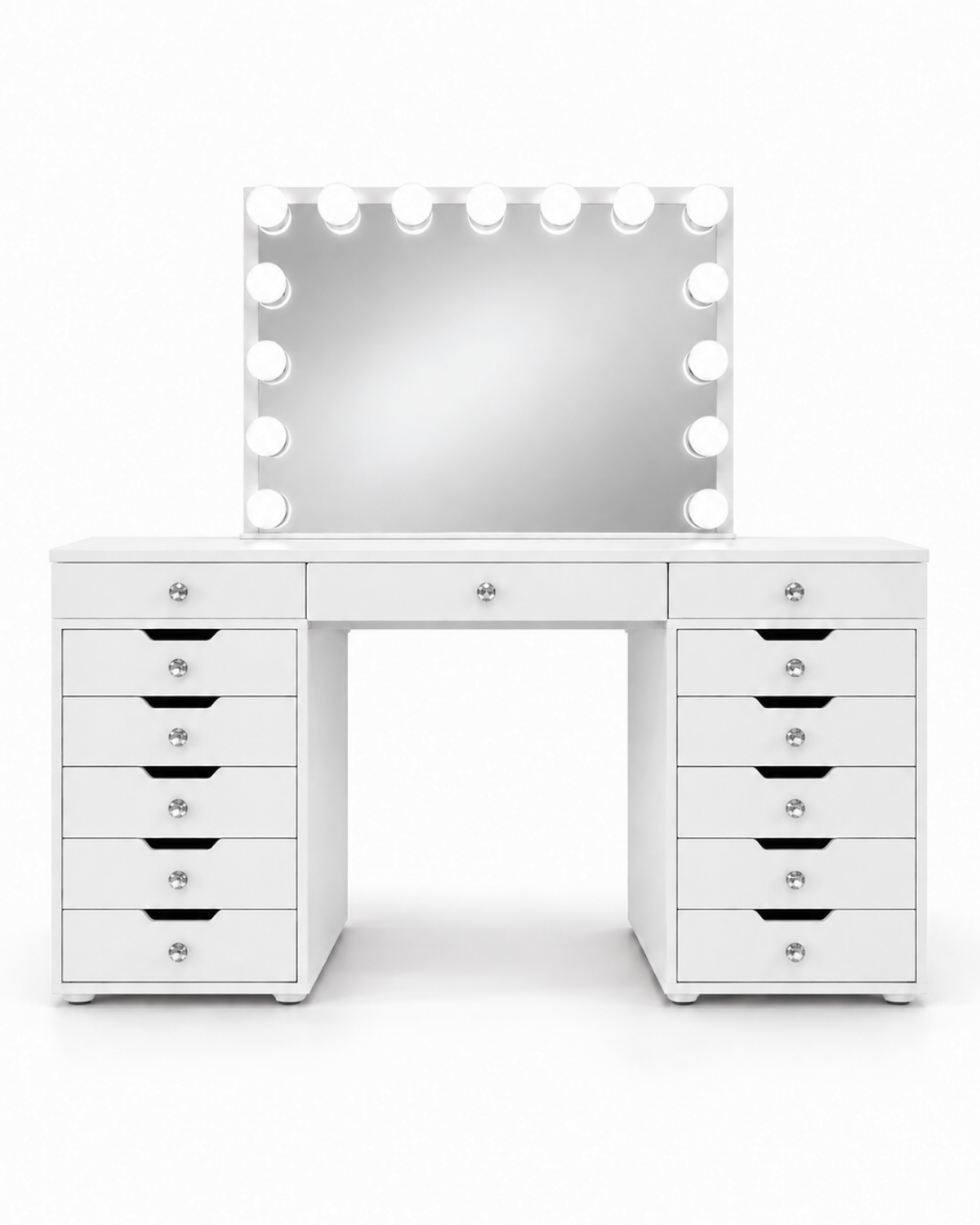 Coiffeuse Diamond blanche, miroir Hollywood à ampoules LED et 13 tiroirs, vue de face