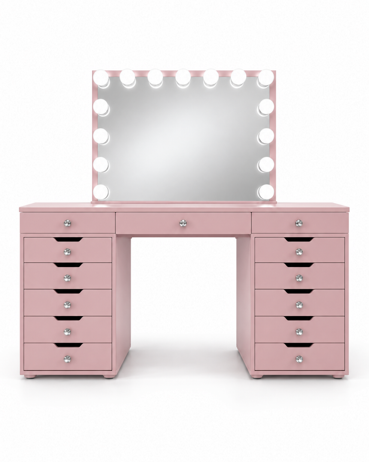 Coiffeuse Diamond rose, miroir Hollywood à ampoules LED et 13 tiroirs, vue de face