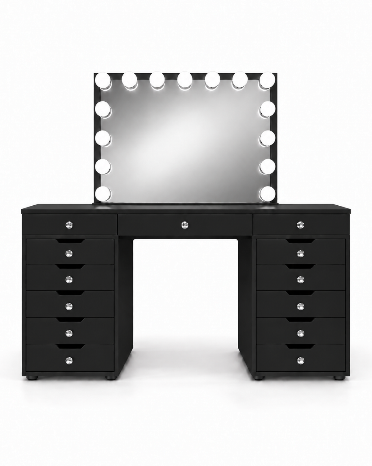 Coiffeuse Diamond noire, miroir Hollywood à ampoules LED et 13 tiroirs, vue de face