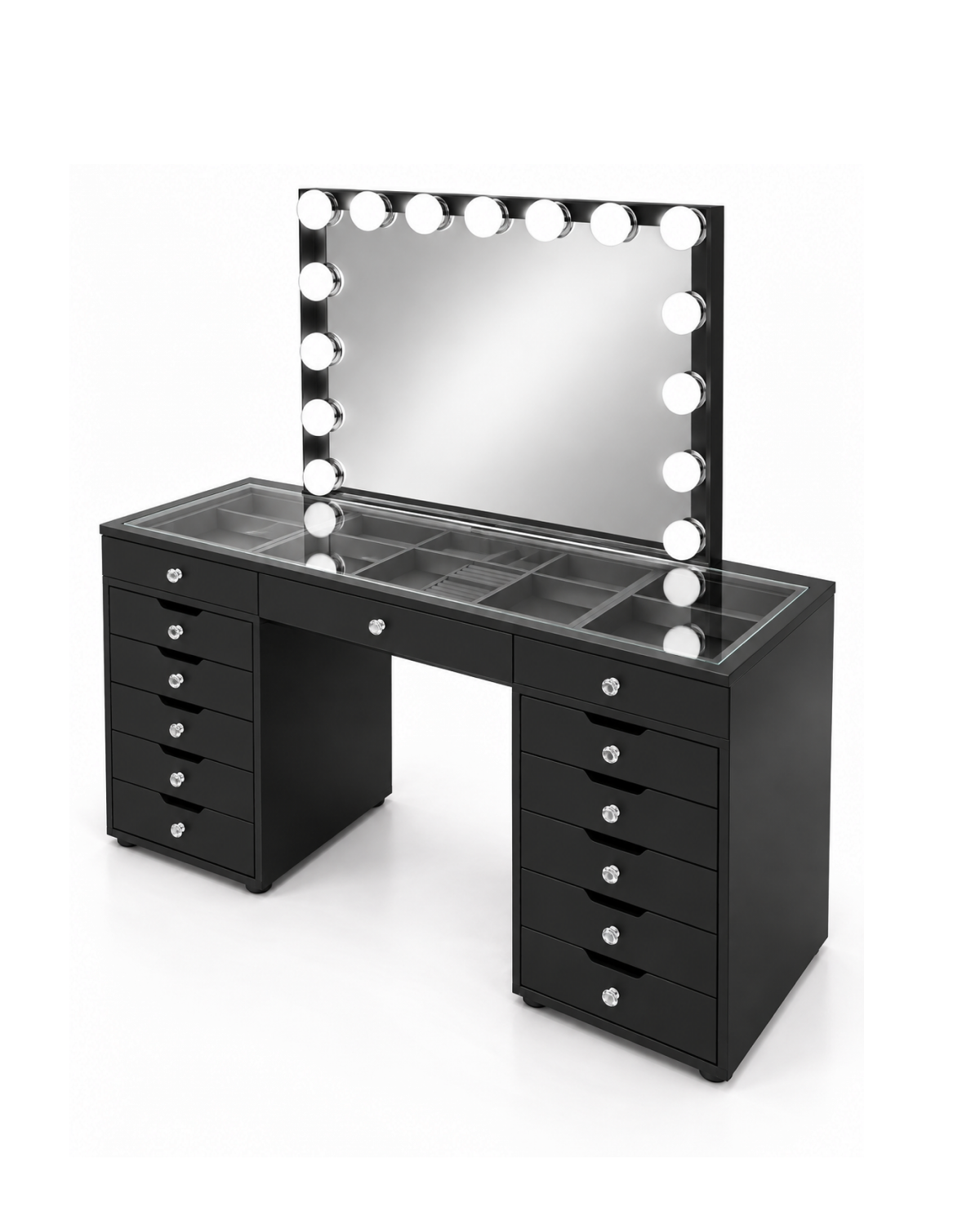 Coiffeuse Diamond noire vue de trois quarts, plateau vitré à compartiments
