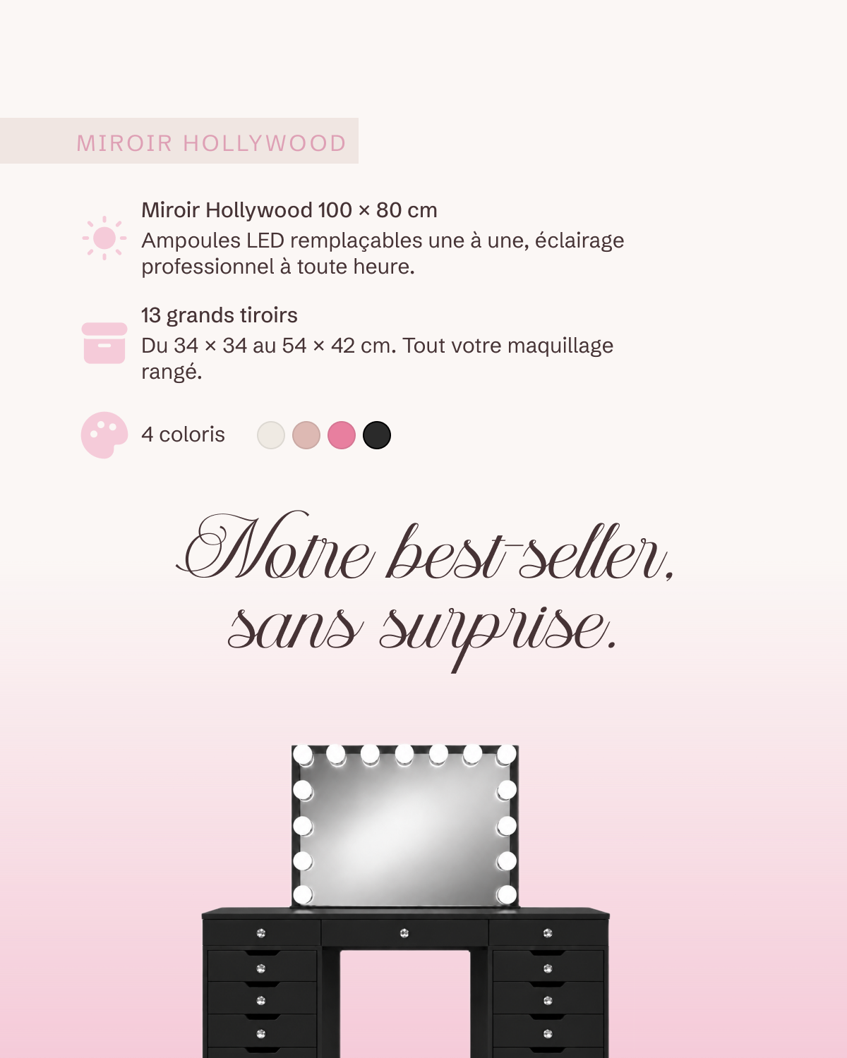 Coiffeuse Diamond : miroir Hollywood 100 × 80 cm, 13 grands tiroirs, 4 coloris