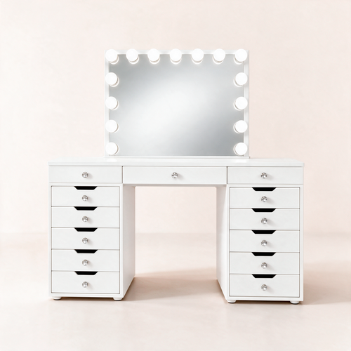 Coiffeuse Diamond blanche, miroir Hollywood allumé et 13 tiroirs, sur fond rose pâle