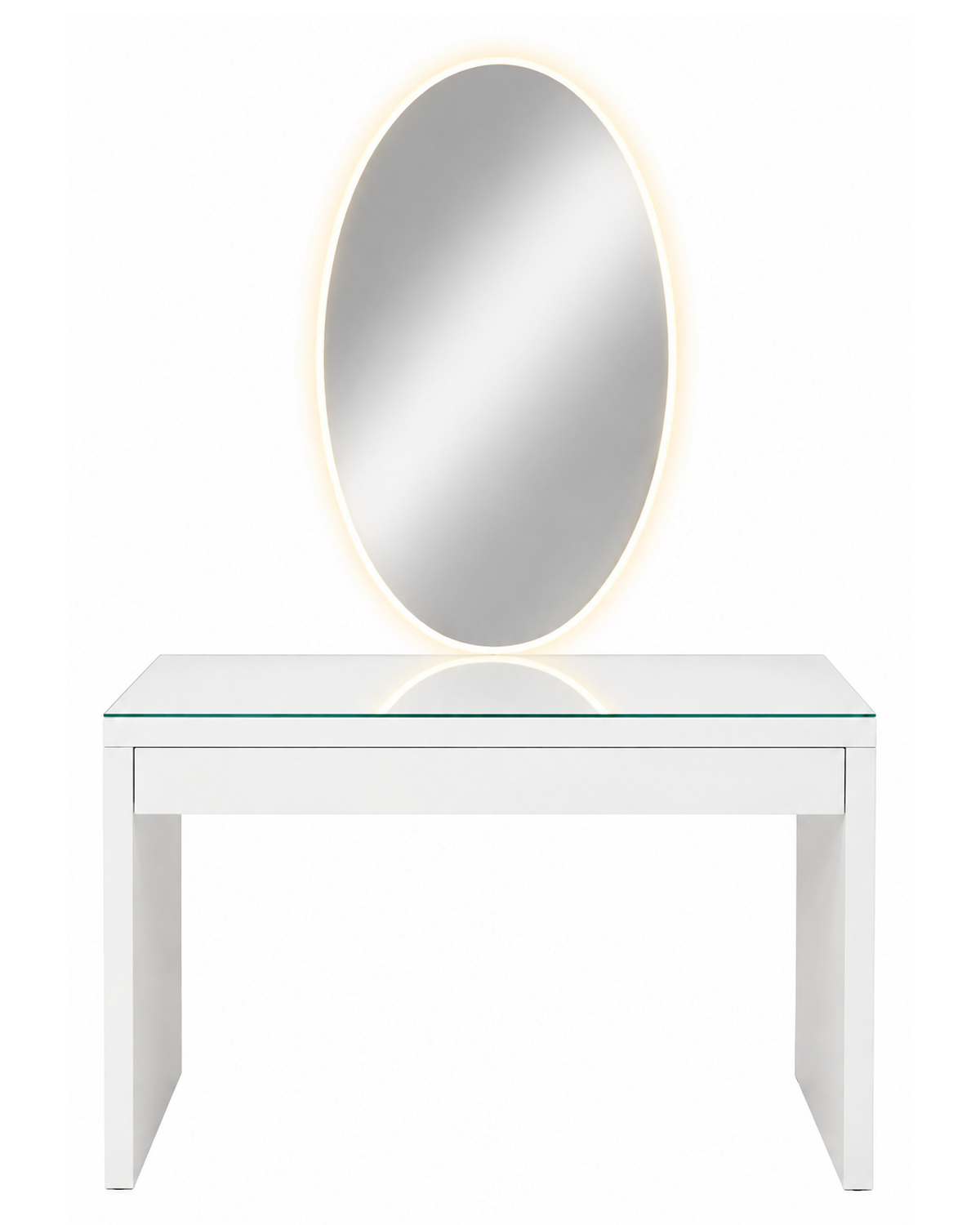 Coiffeuse Grace blanche, miroir ovale rétroéclairé et plateau vitré, vue de face