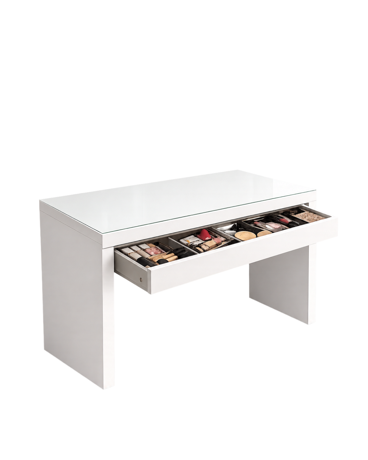 Coiffeuse Grace blanche vue de trois quarts, tiroir ouvert rempli de maquillage