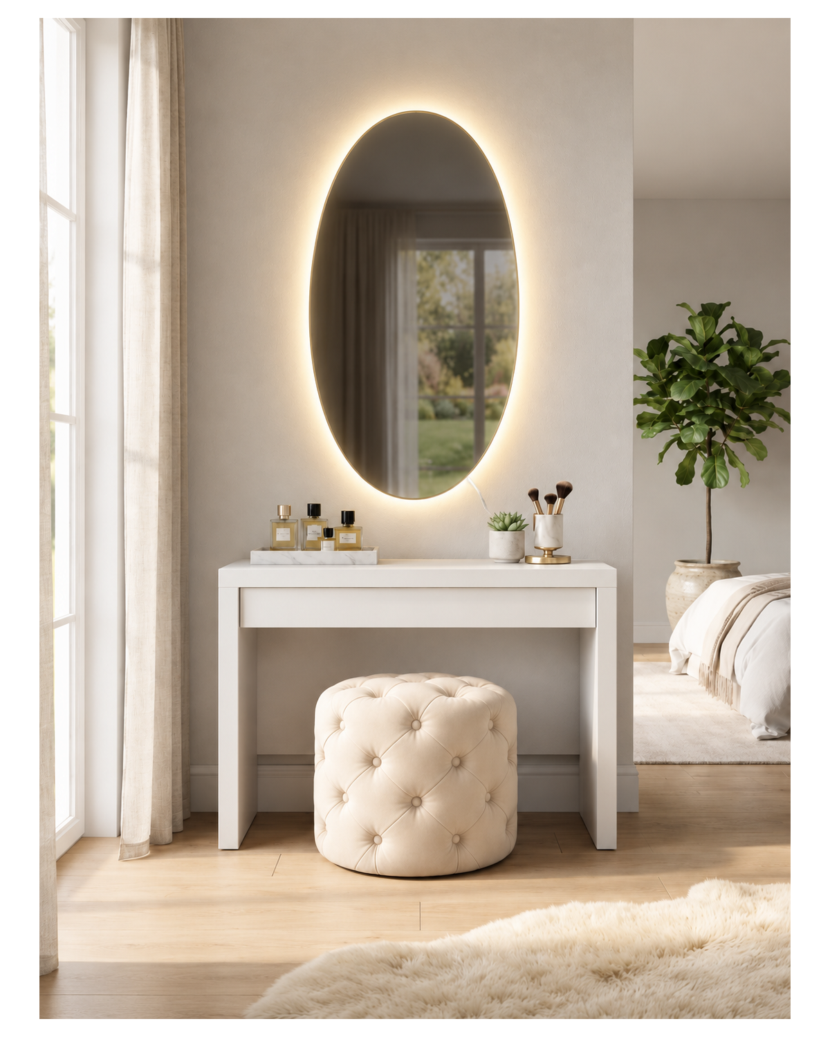 Coiffeuse Grace installée dans une chambre avec son miroir ovale rétroéclairé