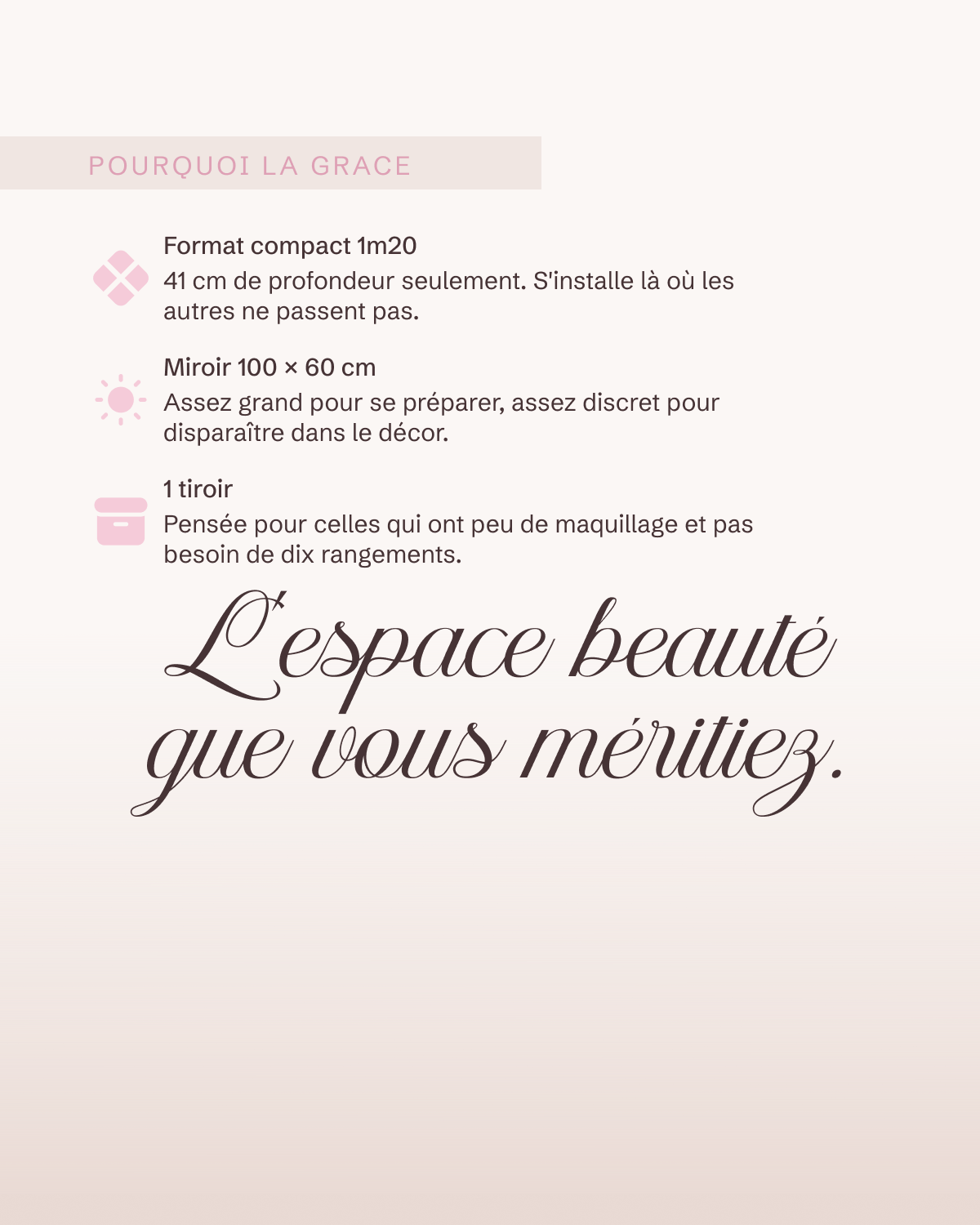 Coiffeuse Grace : format compact 1m20, miroir 100 × 60 cm, 1 tiroir