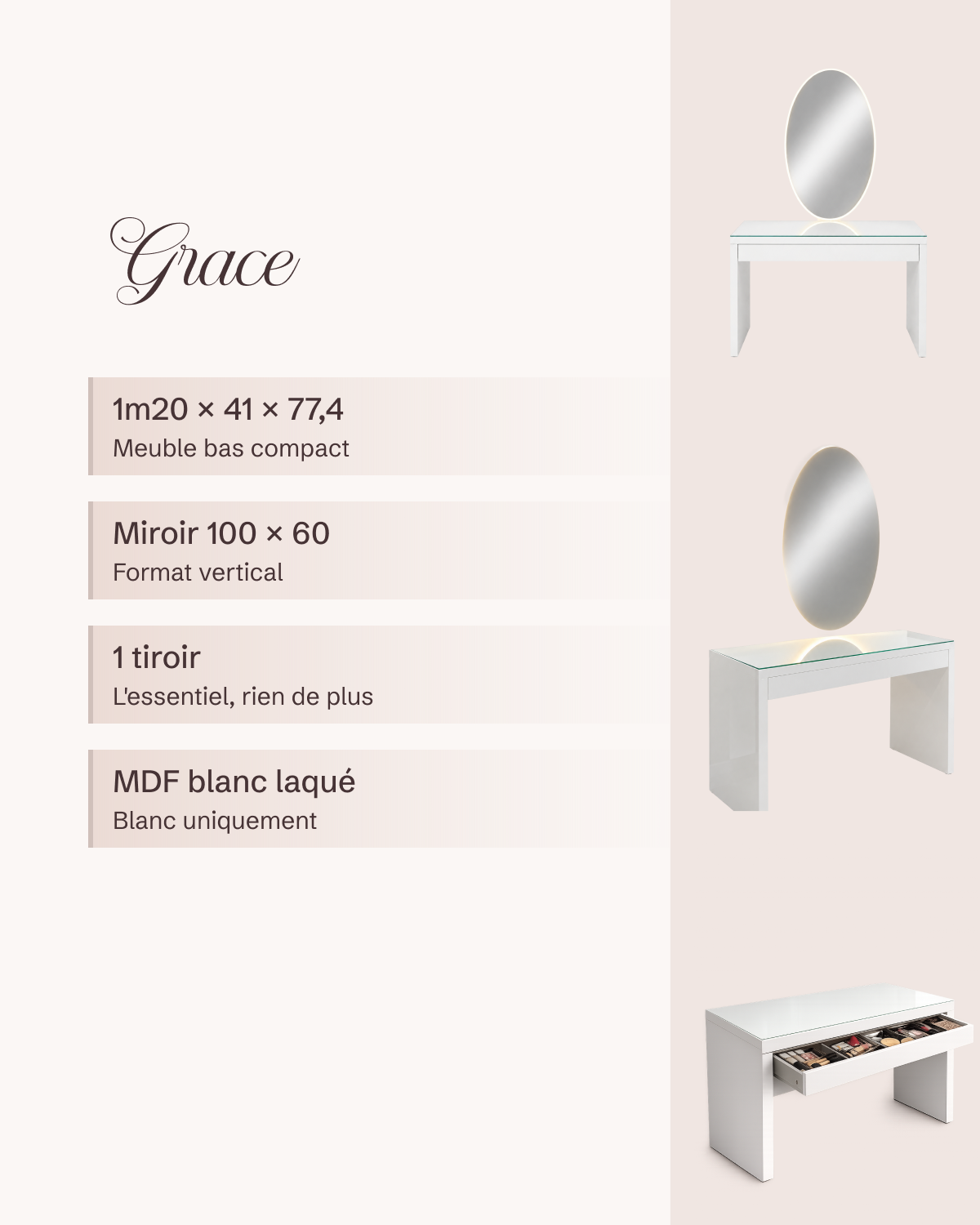 Coiffeuse Grace : 1m20 × 41 × 77,4, miroir 100 × 60, 1 tiroir, MDF blanc laqué