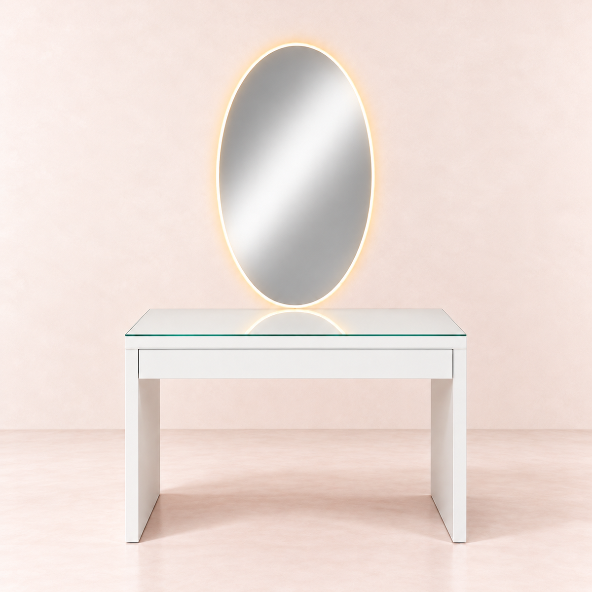 Coiffeuse Grace blanche, miroir ovale rétroéclairé et plateau vitré, sur fond rose pâle