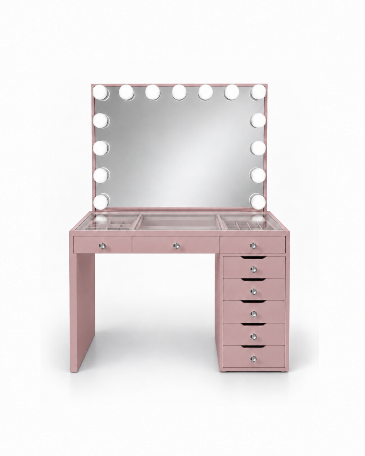 Coiffeuse Mini Diamond rose, miroir Hollywood à ampoules LED et plateau vitré, vue de face