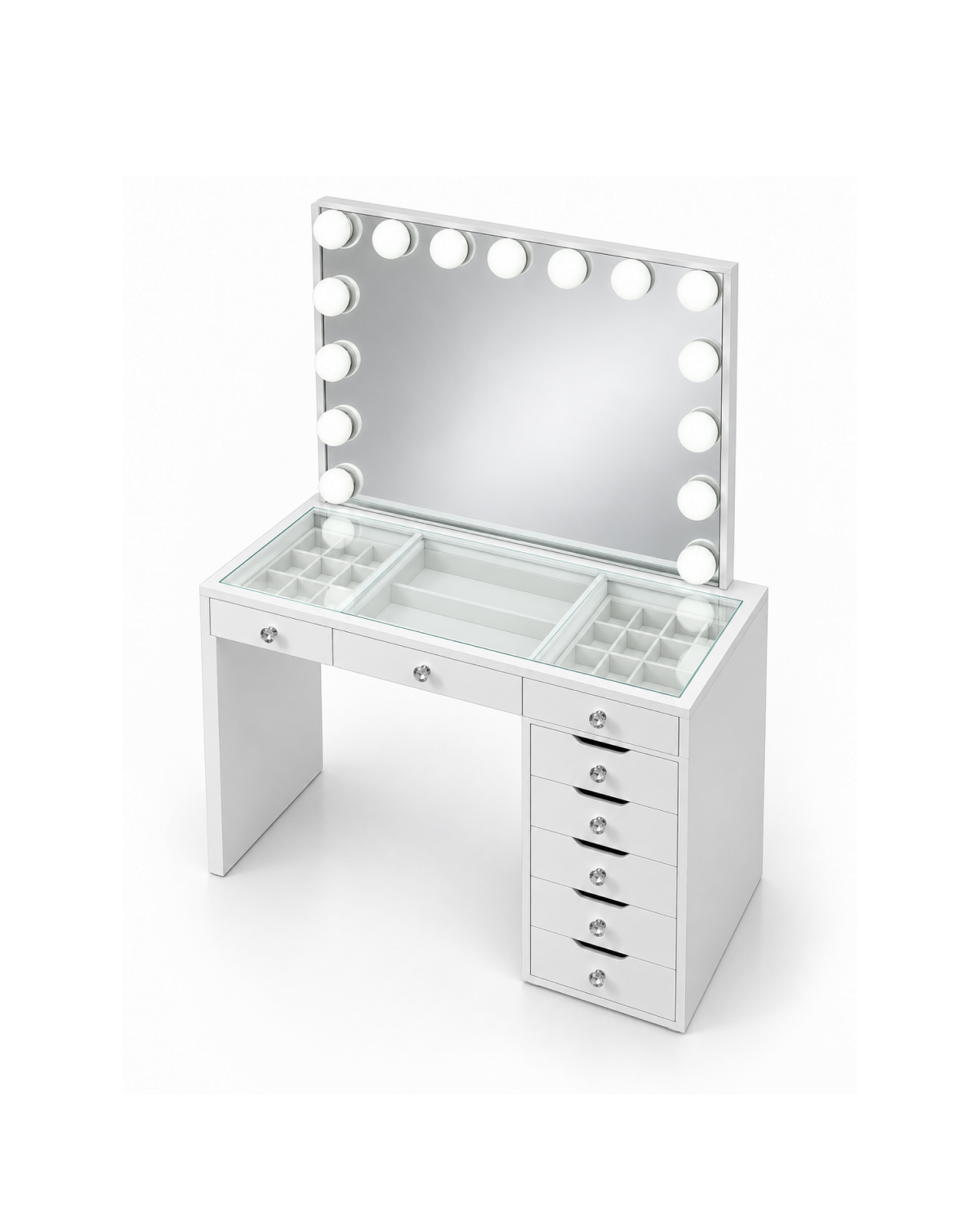 Coiffeuse Mini Diamond blanche vue de trois quarts, plateau vitré à compartiments