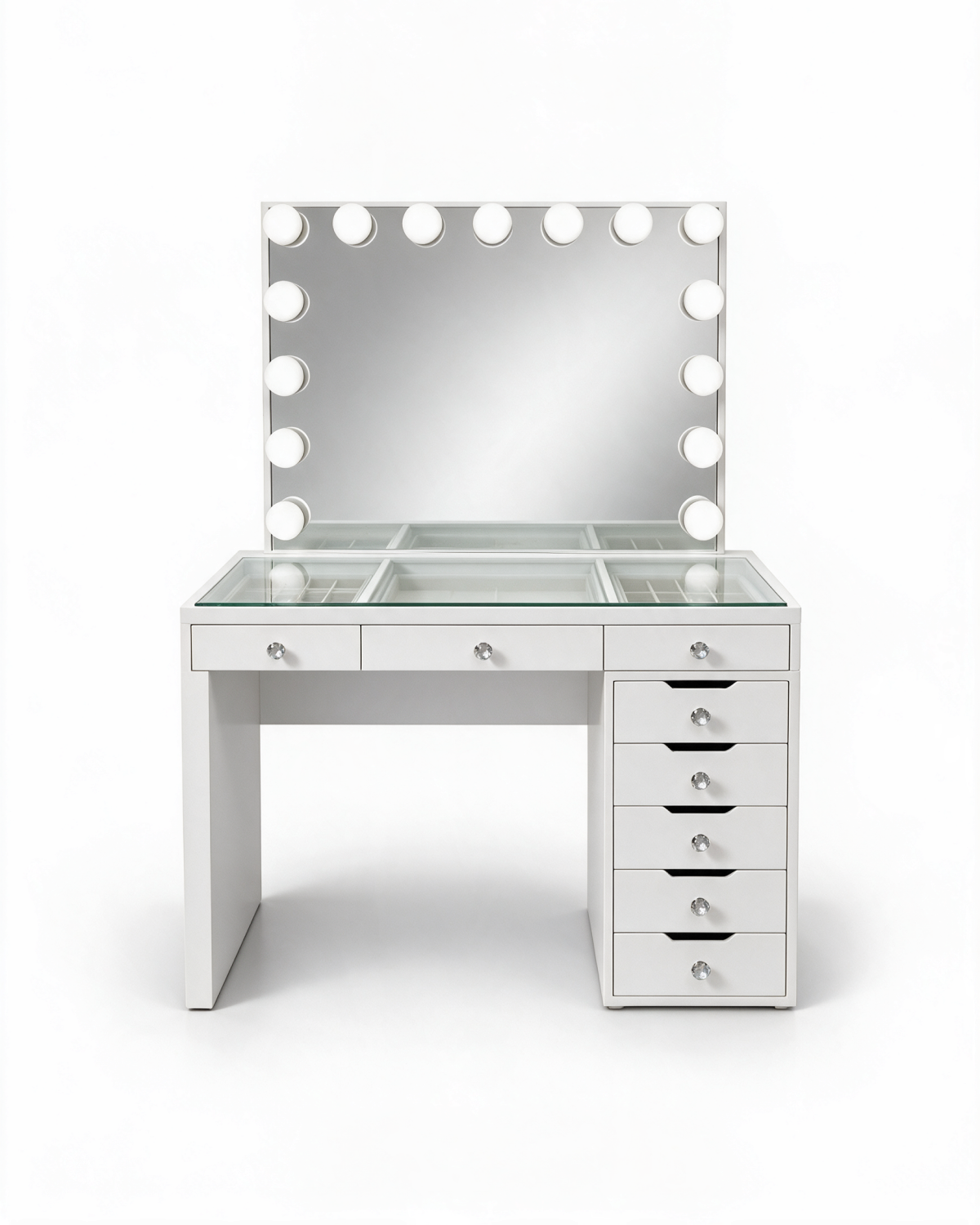 Coiffeuse Mini Diamond blanche, miroir Hollywood à ampoules LED, vue de face