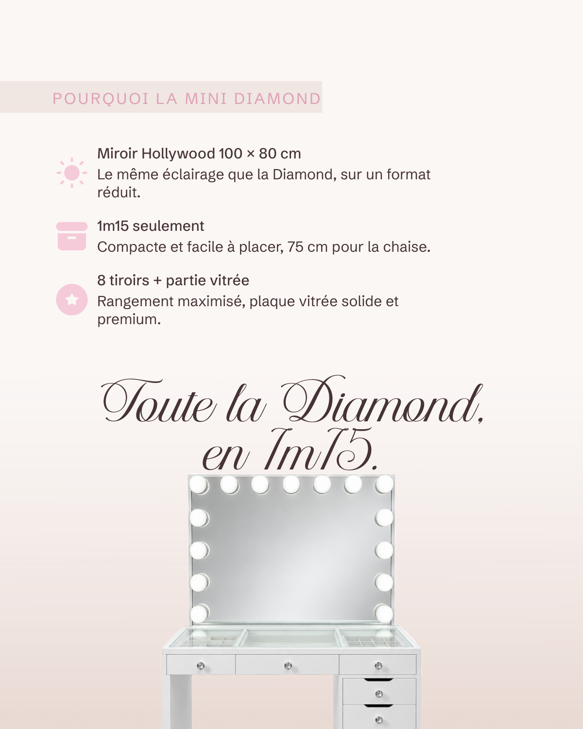 Coiffeuse Mini Diamond : miroir Hollywood 100 × 80 cm, 1m15 seulement, 8 tiroirs et partie vitrée