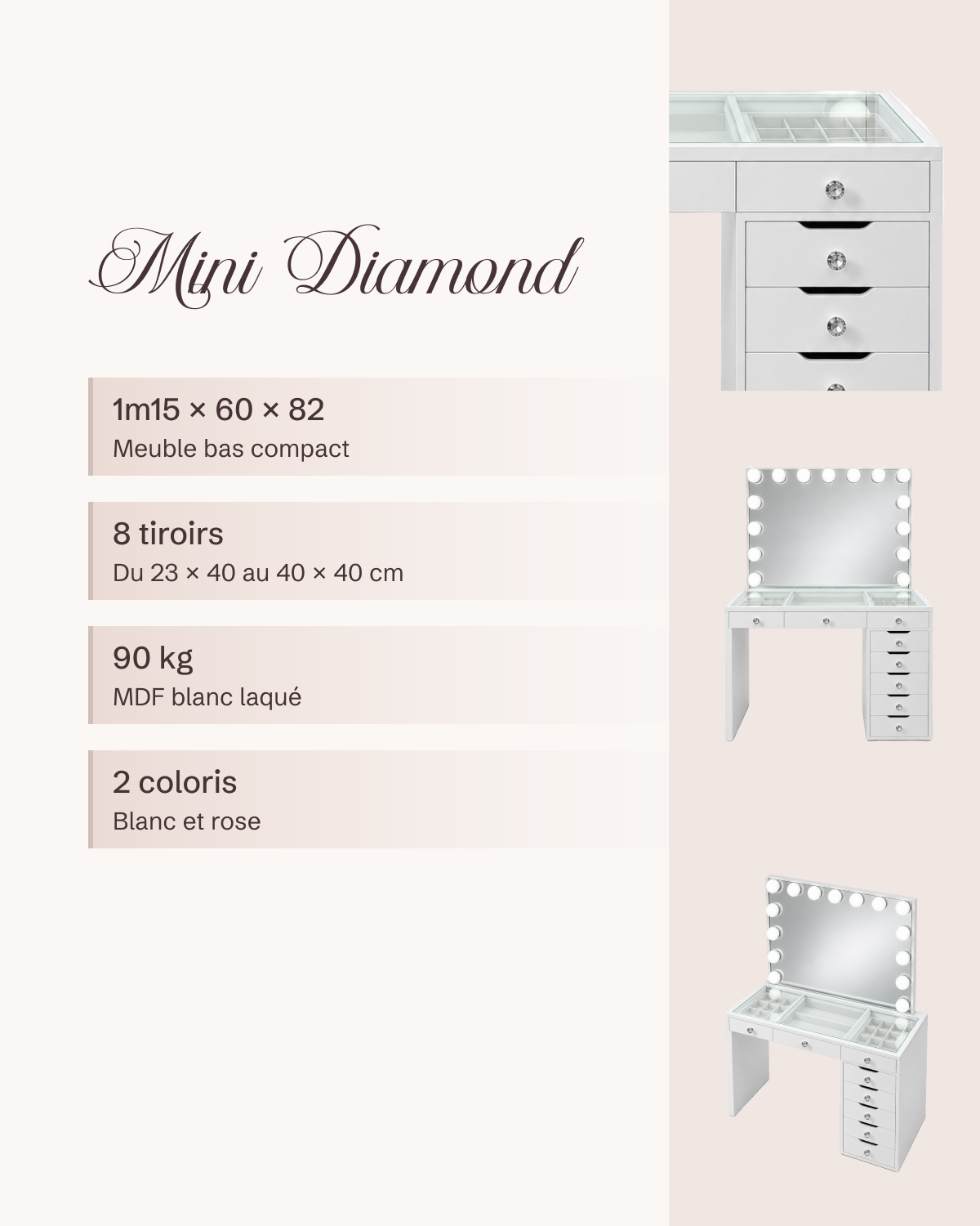 Coiffeuse Mini Diamond : 1m15 × 60 × 82, 8 tiroirs, 90 kg, 2 coloris
