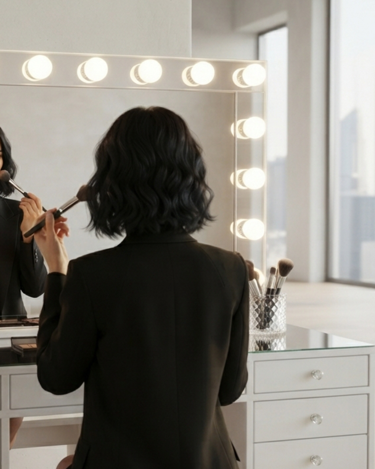 Femme se maquillant devant le miroir Hollywood de la coiffeuse Mini Diamond blanche