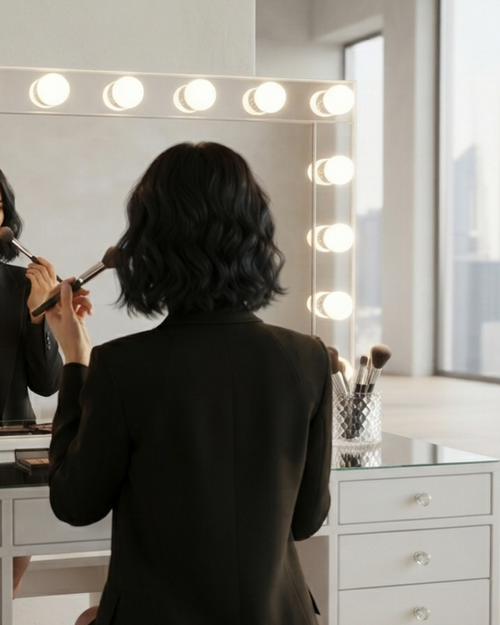 Femme se maquillant devant le miroir Hollywood de la coiffeuse Mini Diamond blanche