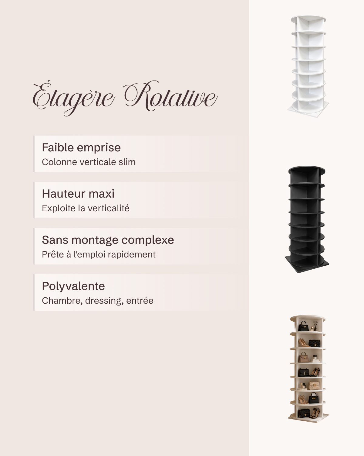 Étagère rotative à chaussures : faible emprise au sol, hauteur maxi, usage polyvalent