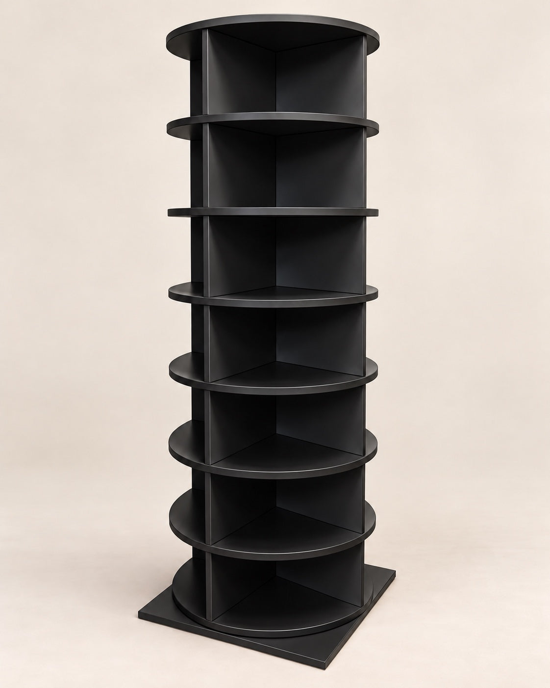 Étagère rotative à chaussures noire, 7 niveaux sur base carrée, hauteur 1,63 m