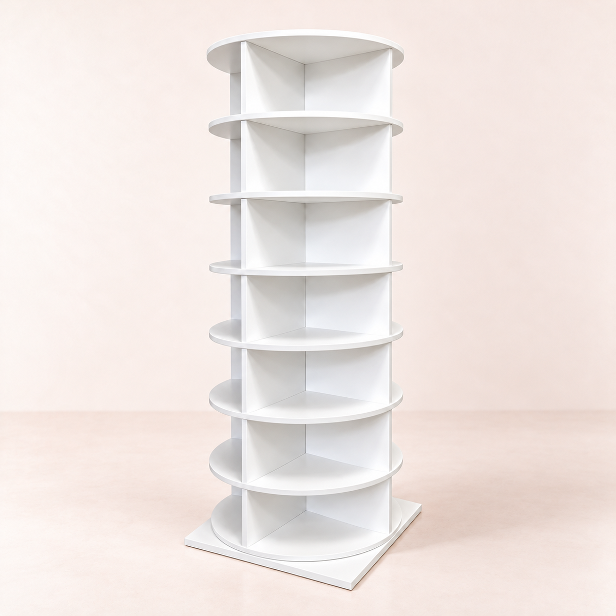 Étagère rotative à chaussures blanche, 7 niveaux, sur fond rose pâle