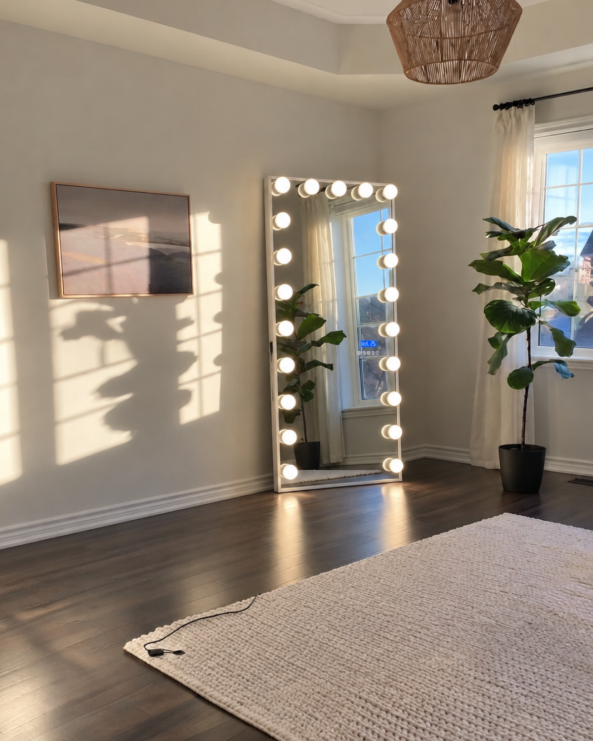 Grand miroir Vegas posé au sol dans une chambre, ampoules allumées