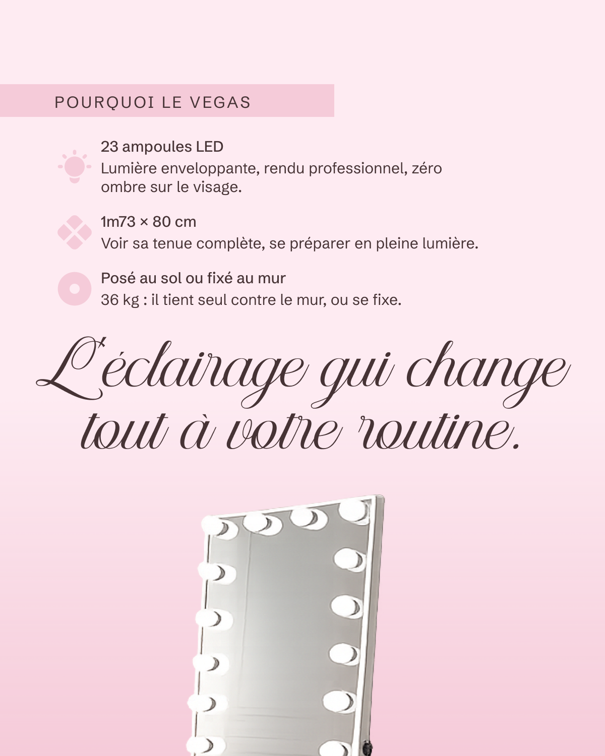 Grand miroir Vegas : 23 ampoules LED, 1m73 × 80 cm, posé au sol ou fixé au mur