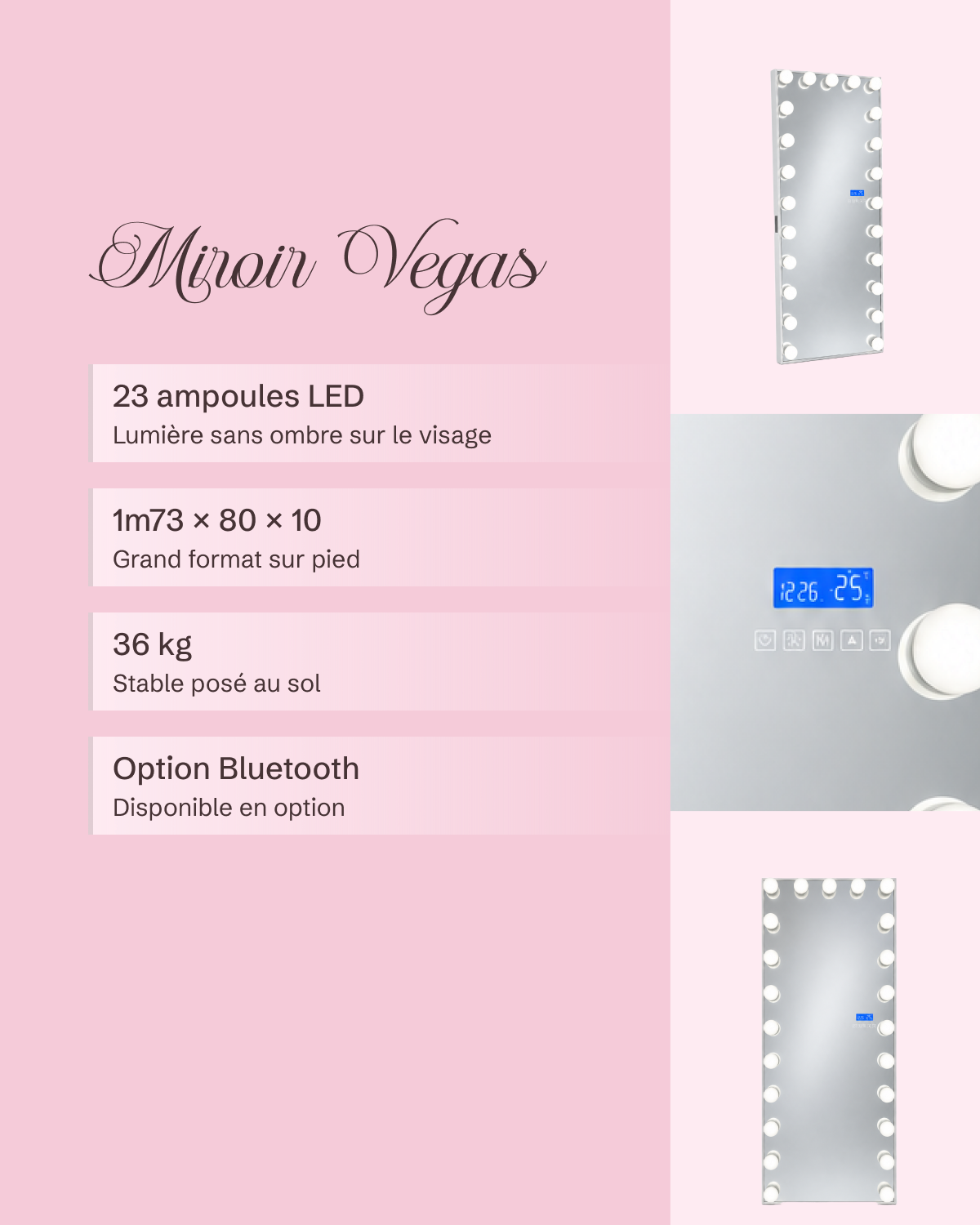 Grand miroir Vegas : 23 ampoules LED, 1m73 × 80 × 10, 36 kg, option Bluetooth