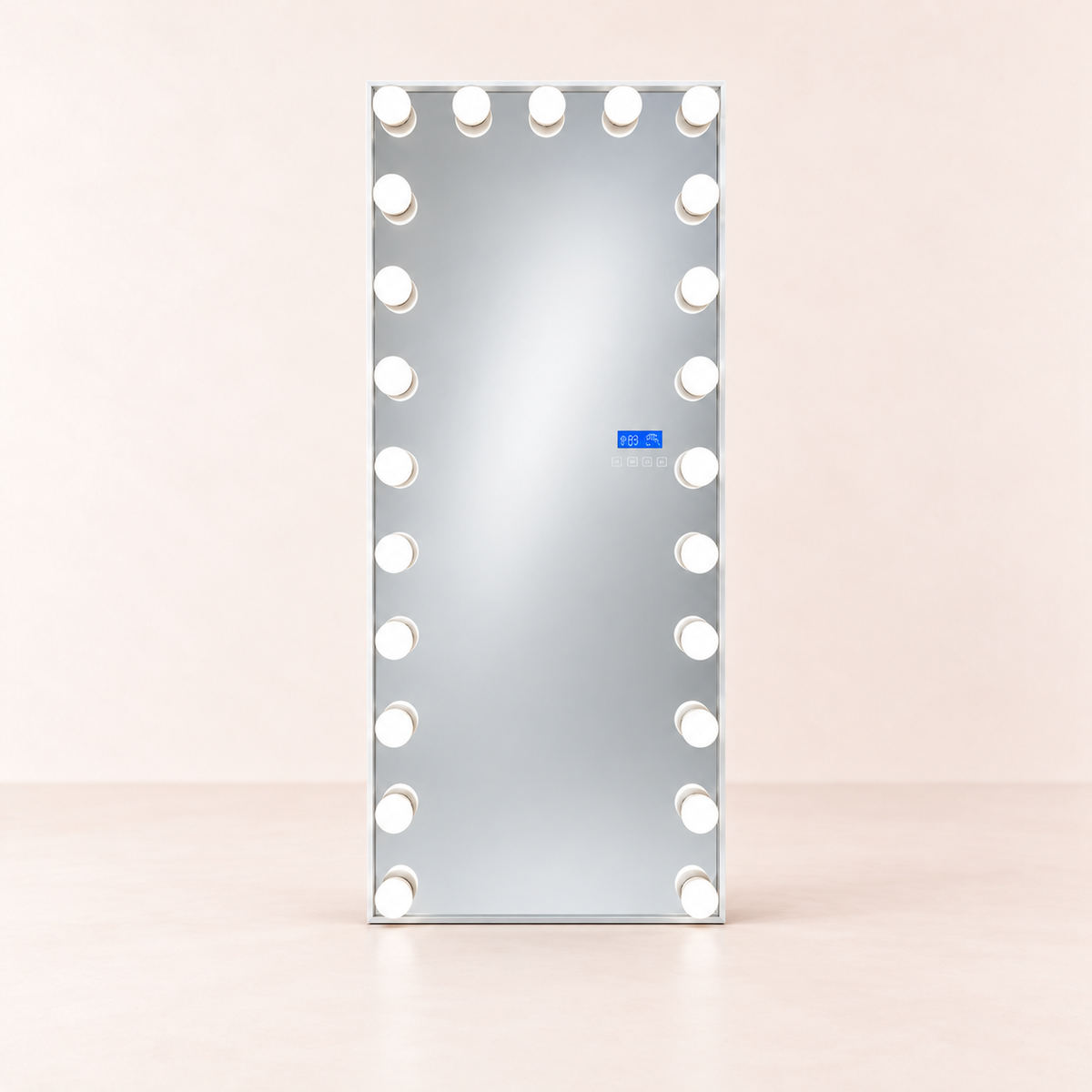 Grand miroir Vegas à ampoules LED, sur fond rose pâle