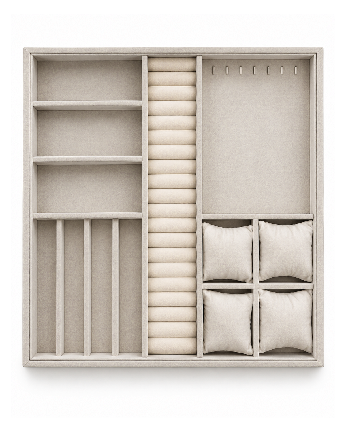 Plateau bijoux sur mesure en velours taupe, vu de dessus