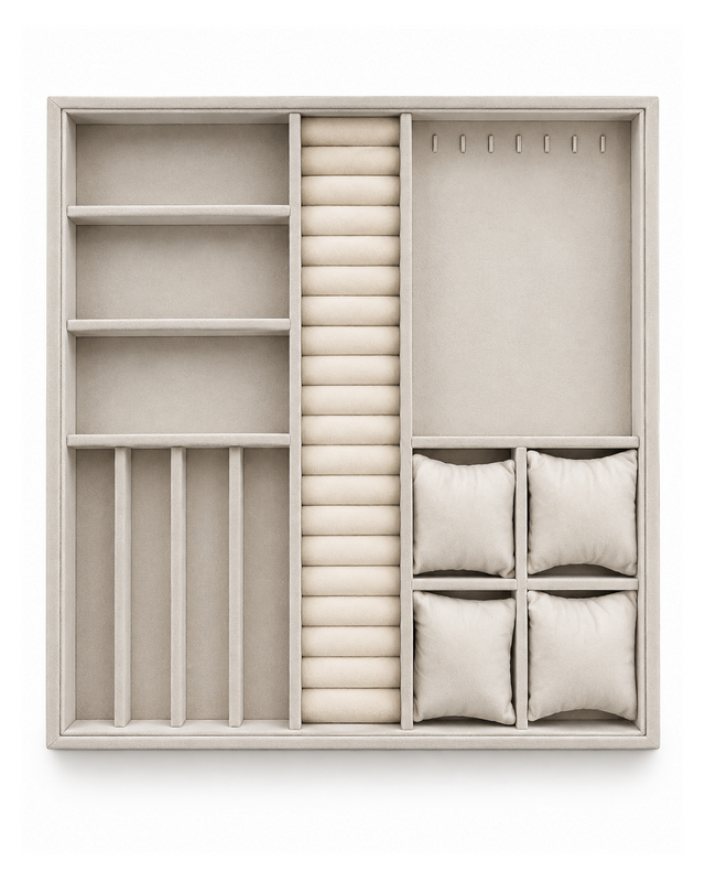 Plateau bijoux sur mesure en velours taupe, vu de dessus