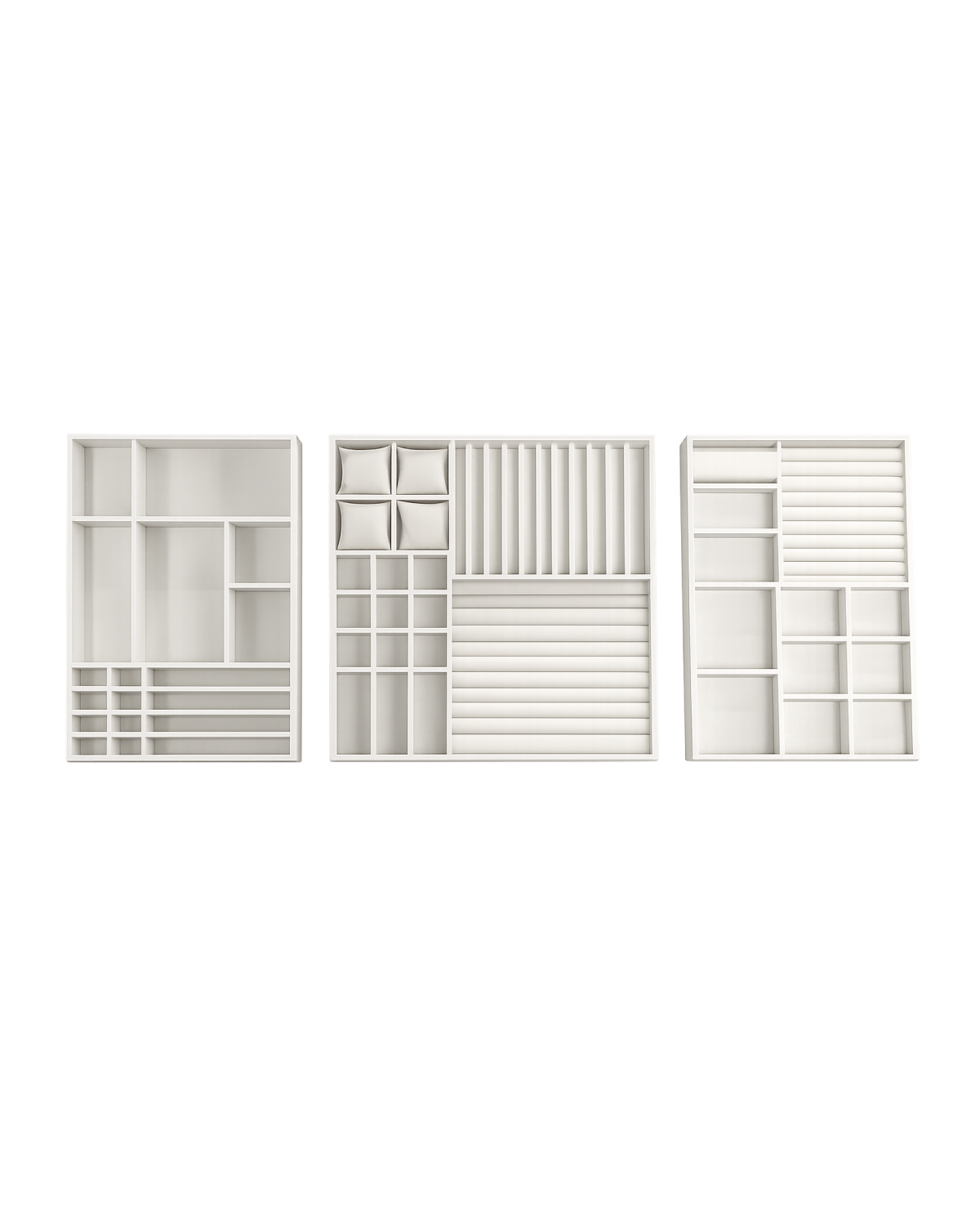 Lot de 3 plateaux bijoux sur mesure en velours taupe, vus de dessus