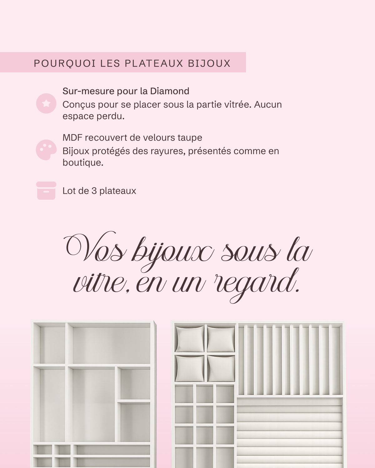 Plateaux bijoux sur mesure pour la coiffeuse Diamond : MDF recouvert de velours taupe, lot de 3