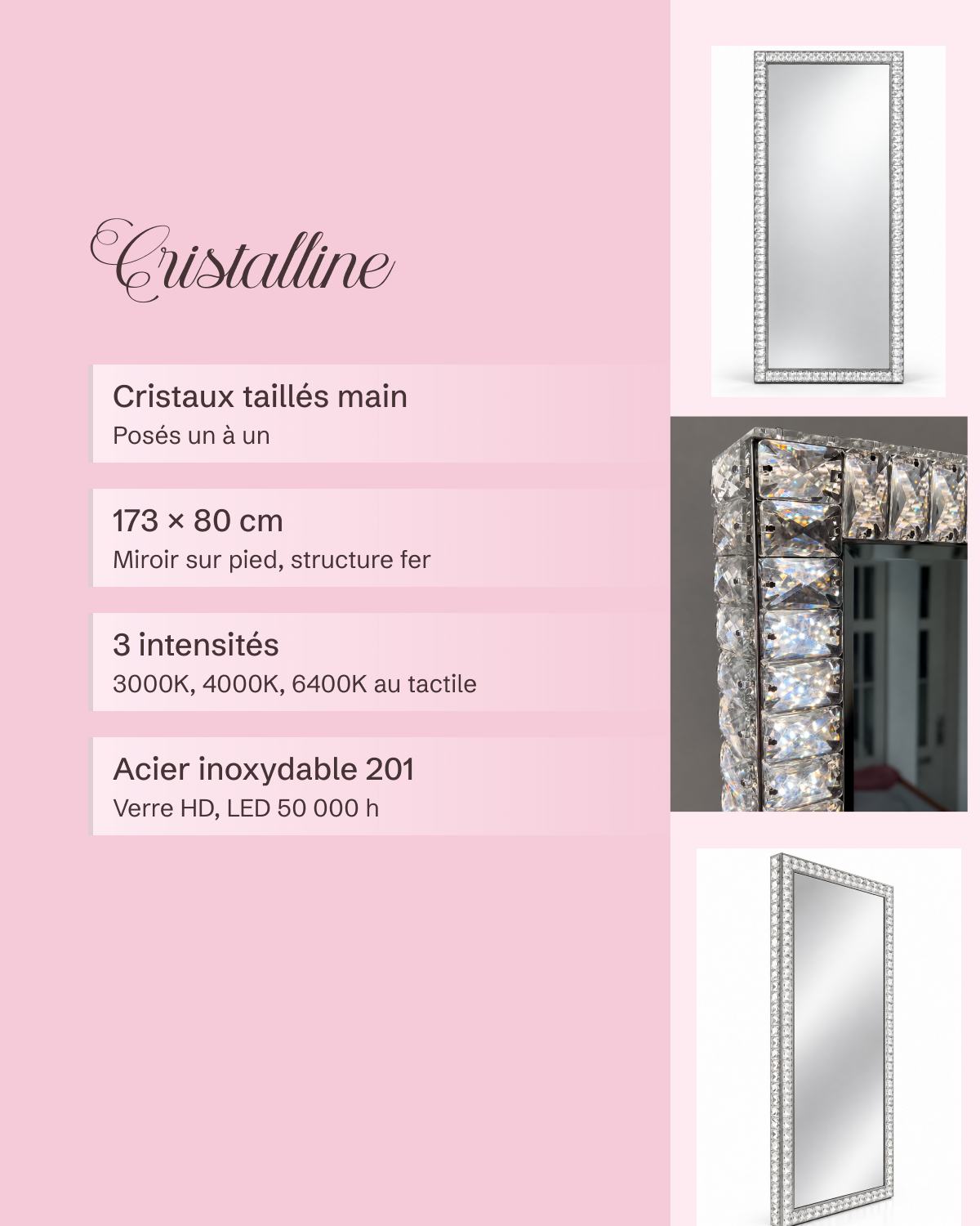Grand miroir Cristalline : cristaux taillés main, 173 × 80 cm, 3 intensités, acier inoxydable 201