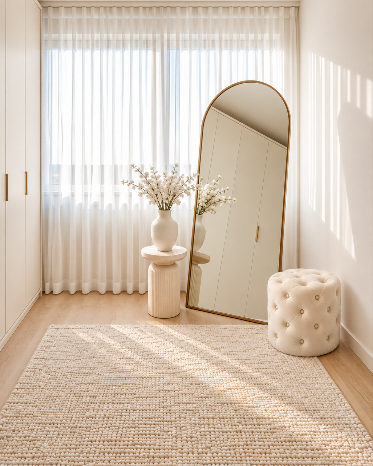 Pouf capitonné beige dans une chambre, près d'un miroir