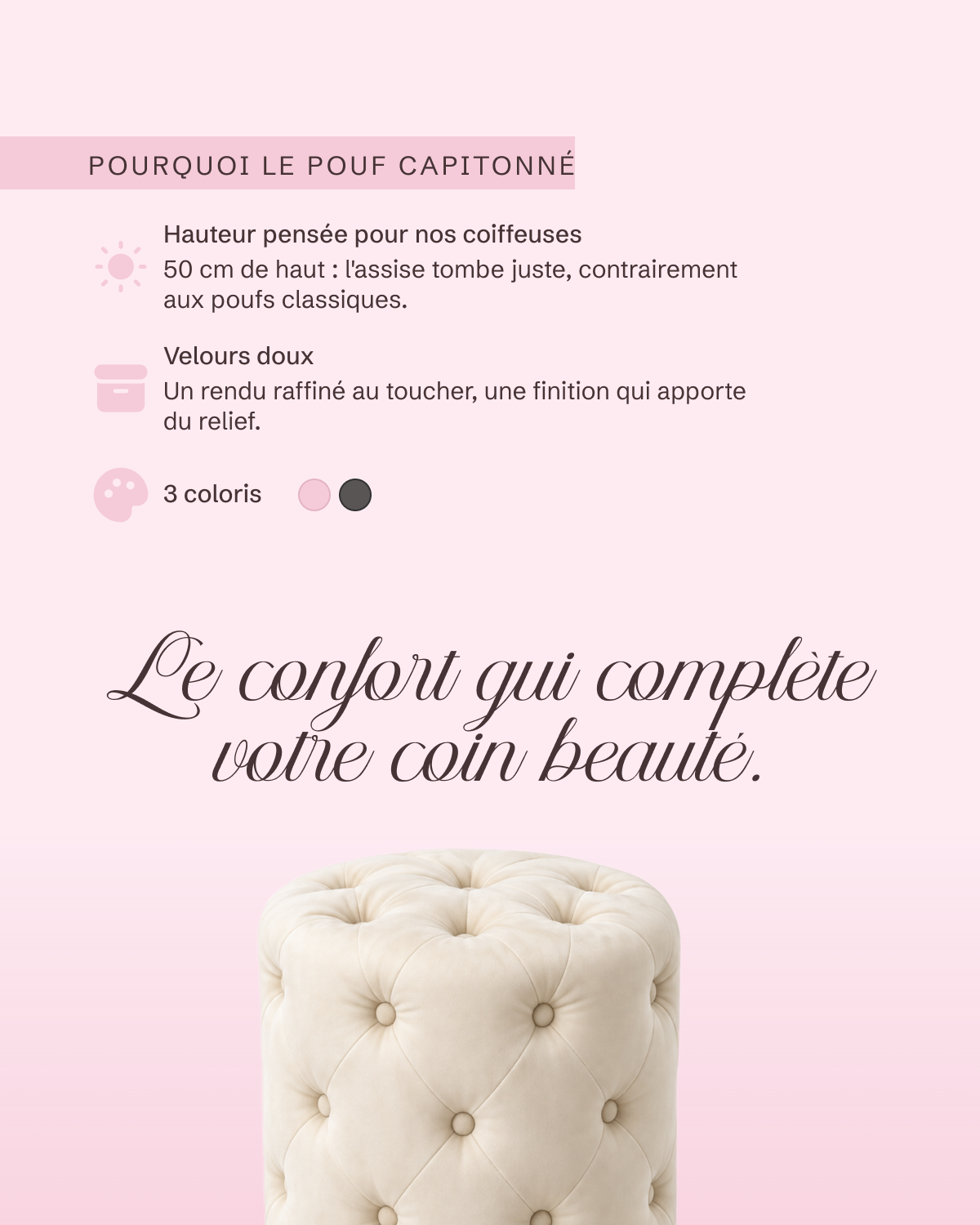 Pouf capitonné : hauteur pensée pour les coiffeuses Maison Beauty, velours doux